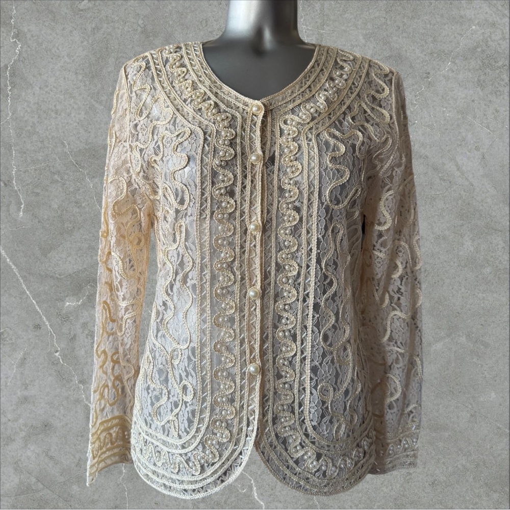 2 for $30 ✅ Ivory Embellished Lace Cardigan with Pearl Details